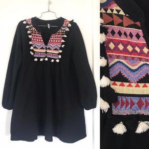 Black embroidered tassel fringe boho dress S